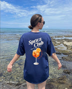 Back view of relaxed-fit Spritz Club T-shirt with large vintage-inspired spritz cocktail artwork and Mediterranean styling
