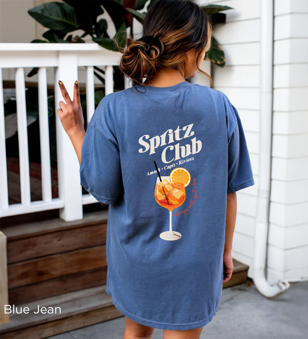Rear view of Spritz Club Mediterranean lifestyle T-shirt featuring a vibrant spritz illustration and bold graphic artwork