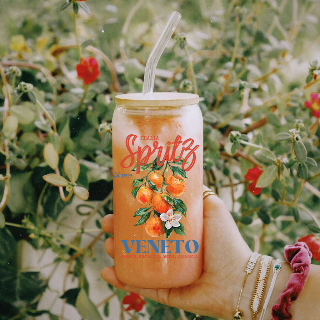 Summer citrus glass coffee cup with bamboo lid and glass straw inspired by Veneto spritz culture in Italy