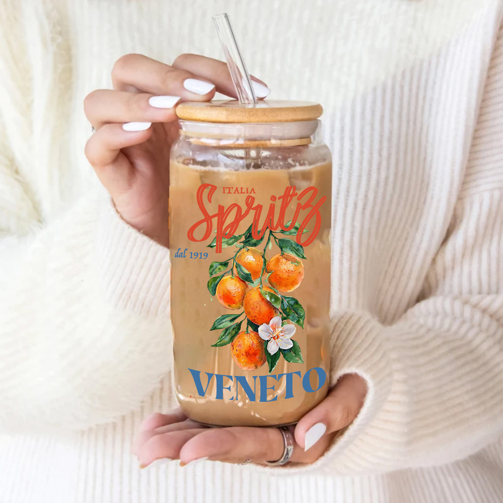 Italian-inspired Spritz Orange glass tumbler with hand-painted oranges and botanical design for iced coffee and cocktails