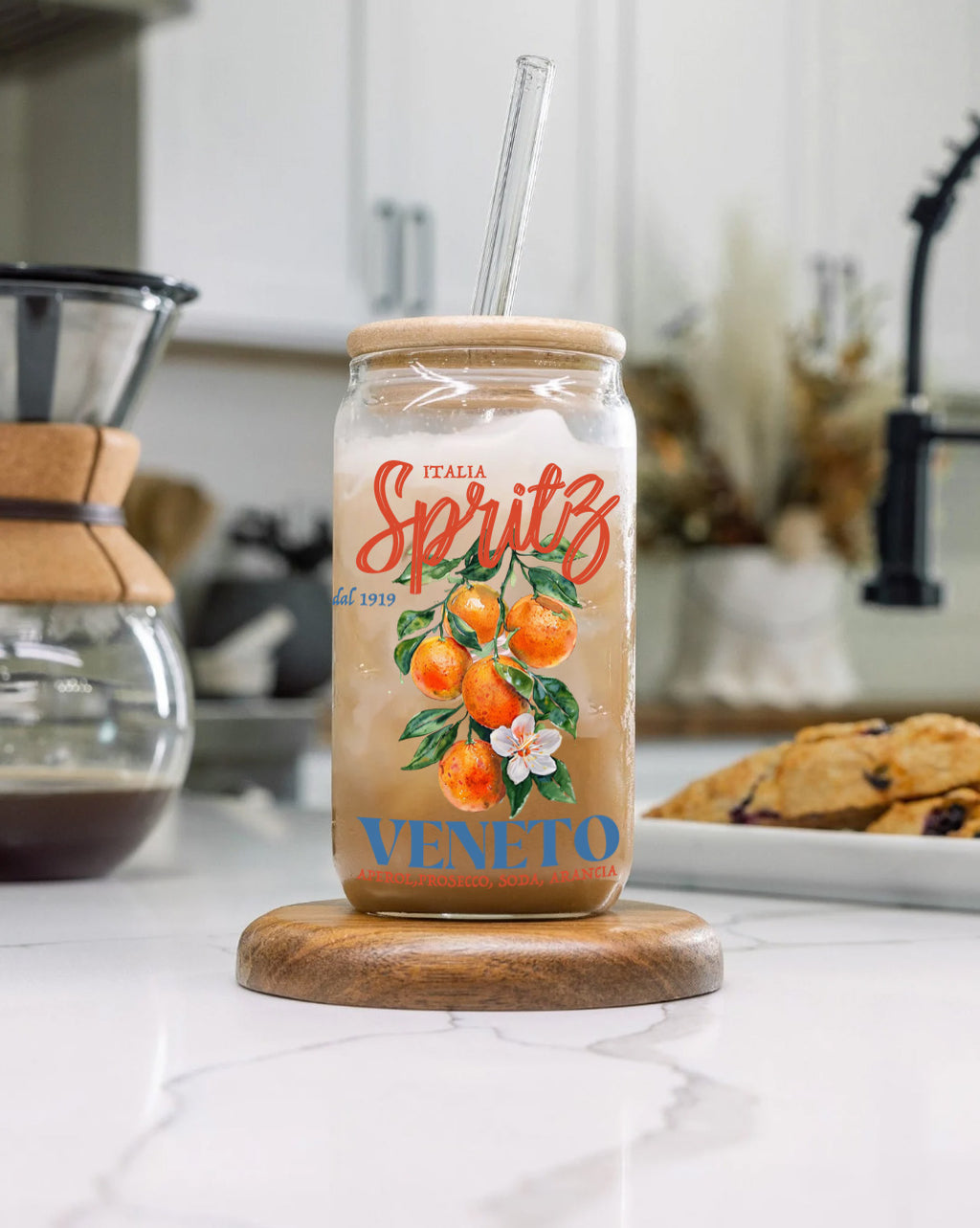 Spritz Orange Veneto Glass Cup with Bamboo Lid and Optional Glass Straw, 16oz Italian Citrus Iced Coffee Tumbler