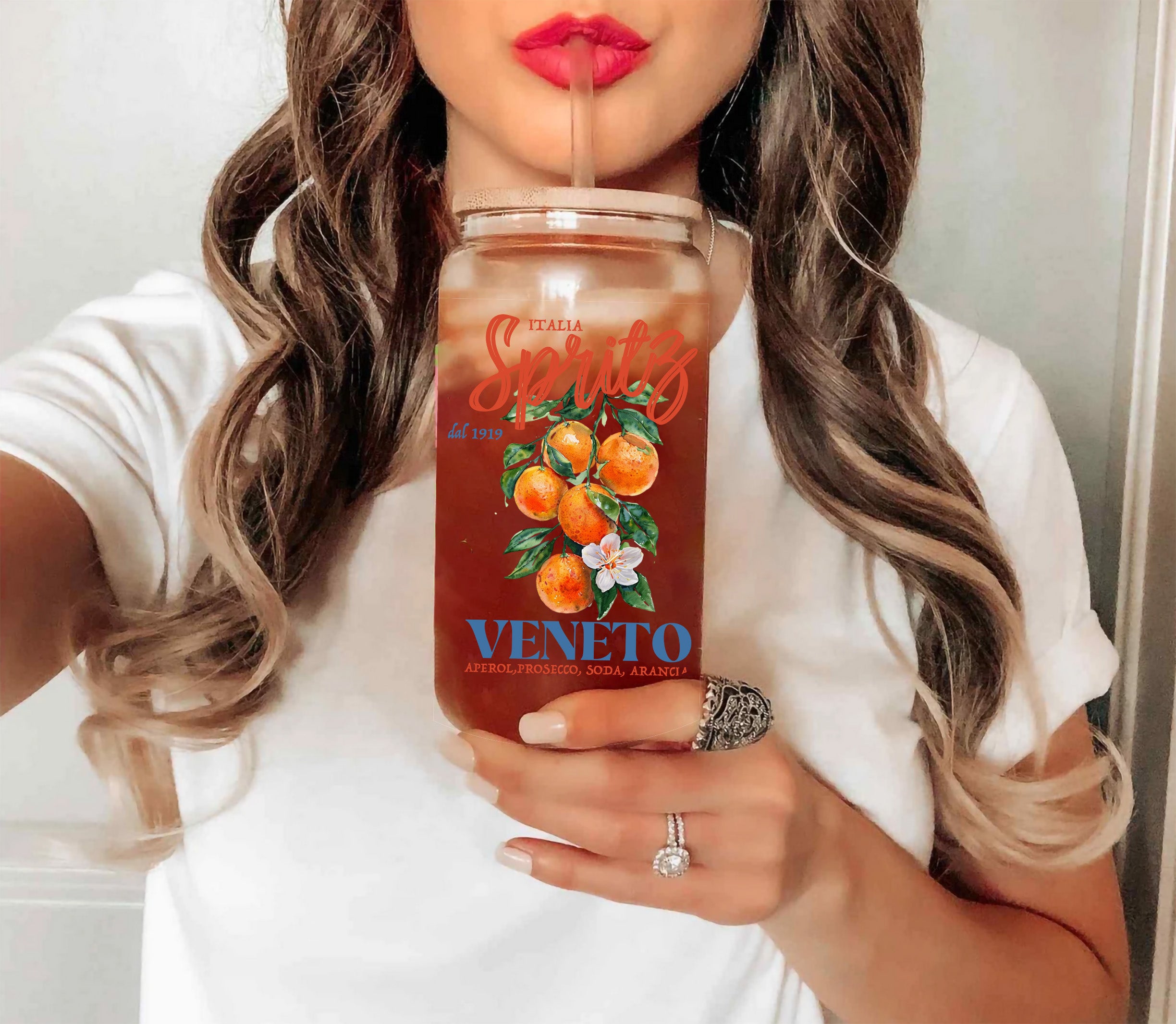 Cute citrus glass cup with reusable straw and bamboo lid, perfect for brunches, bachelorette parties, and home bars