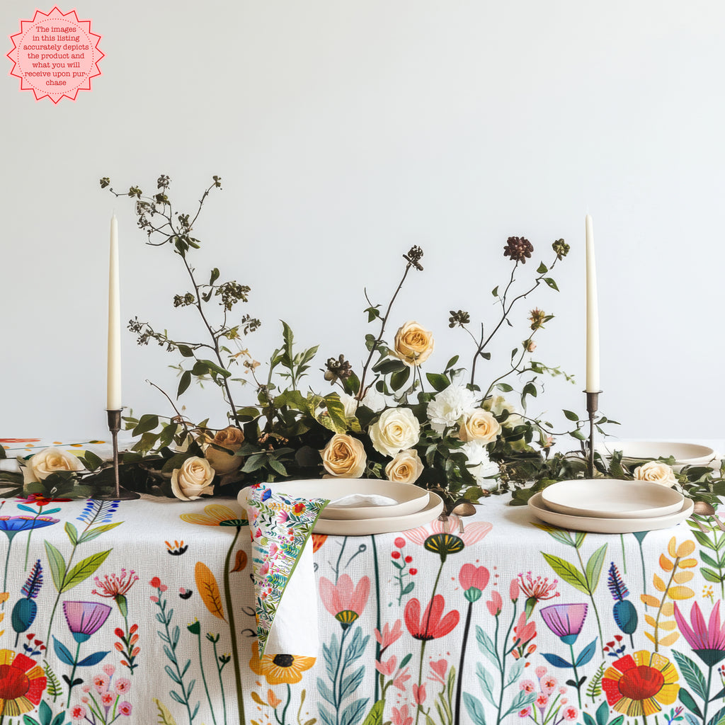 Colourful Mediterranean wildflower meadow tablecloth featuring hand-drawn floral illustrations styled on a modern dining table with neutral ceramics