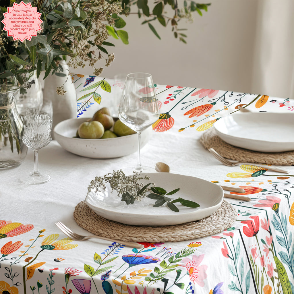 Close-up view of vibrant botanical flower pattern on a 100% cotton twill Mediterranean floral tablecloth