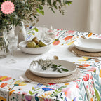 Close-up view of vibrant botanical flower pattern on a 100% cotton twill Mediterranean floral tablecloth