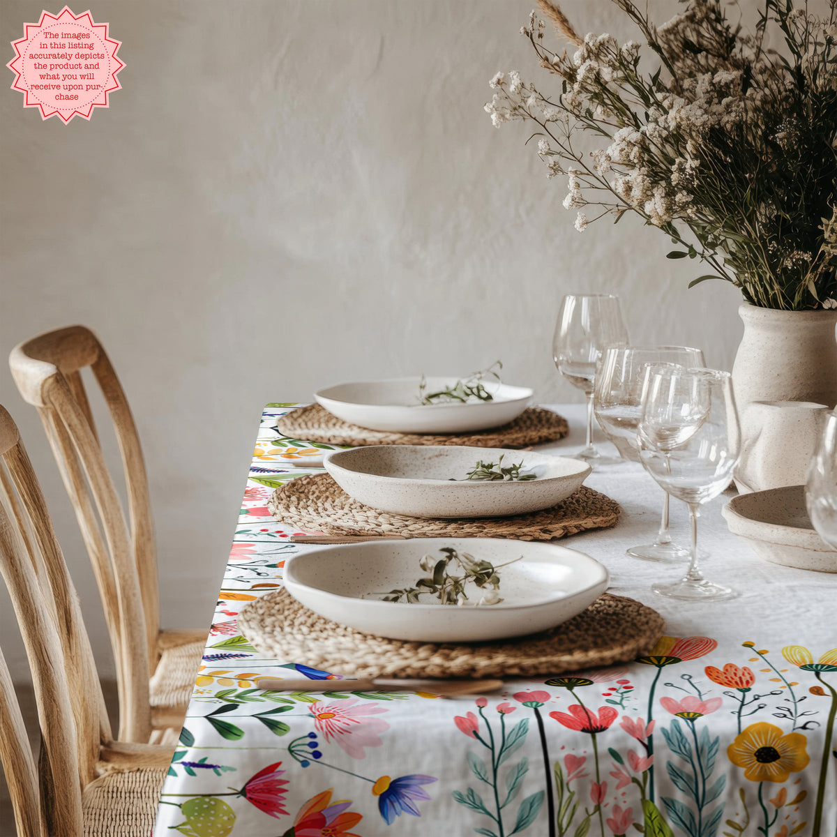 Detailed view of whimsical hand-drawn flowers and botanical stems printed on a colourful cotton table linen