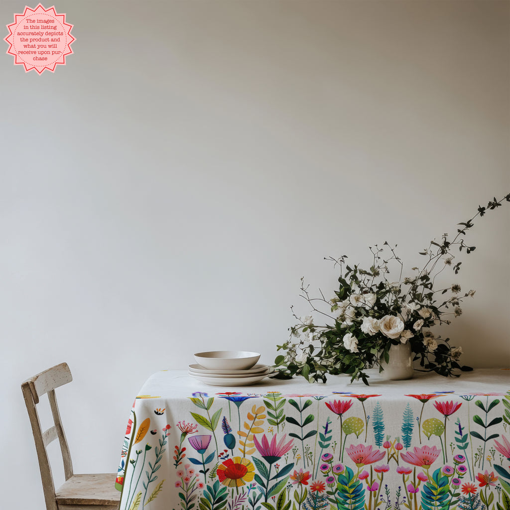 Modern dining setting featuring a colourful wildflower tablecloth with white plates, candles, and natural floral centrepiece
