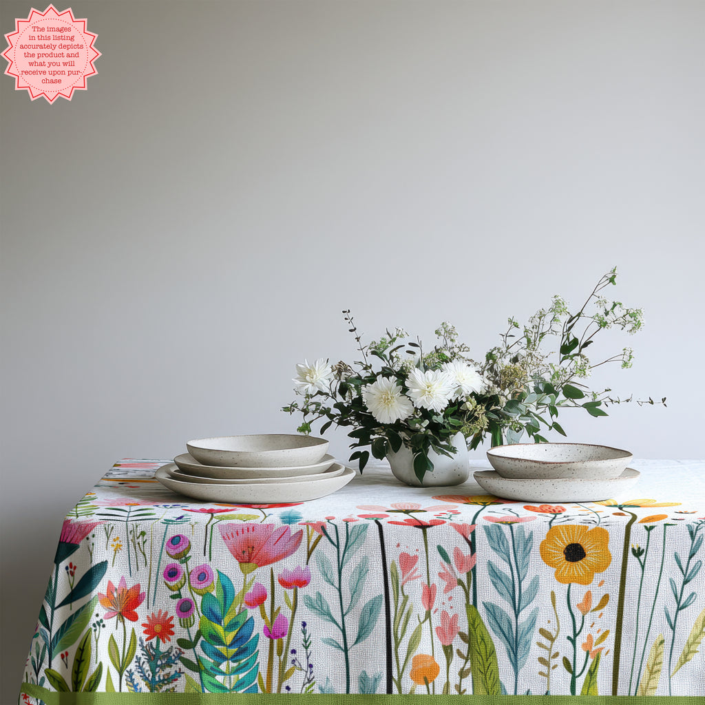 Summer dining table styled with Mediterranean wildflower tablecloth and neutral tableware for relaxed entertaining