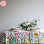 Summer dining table styled with Mediterranean wildflower tablecloth and neutral tableware for relaxed entertaining