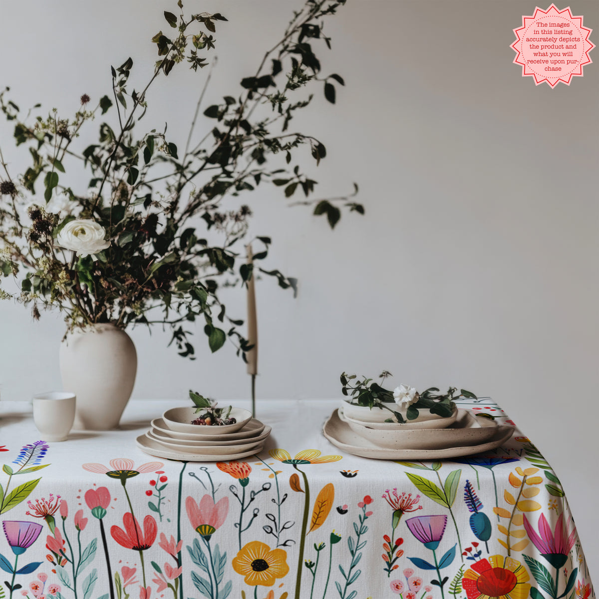 Mediterranean inspired table setting with floral cotton twill tablecloth, handmade ceramics, and rustic garden décor