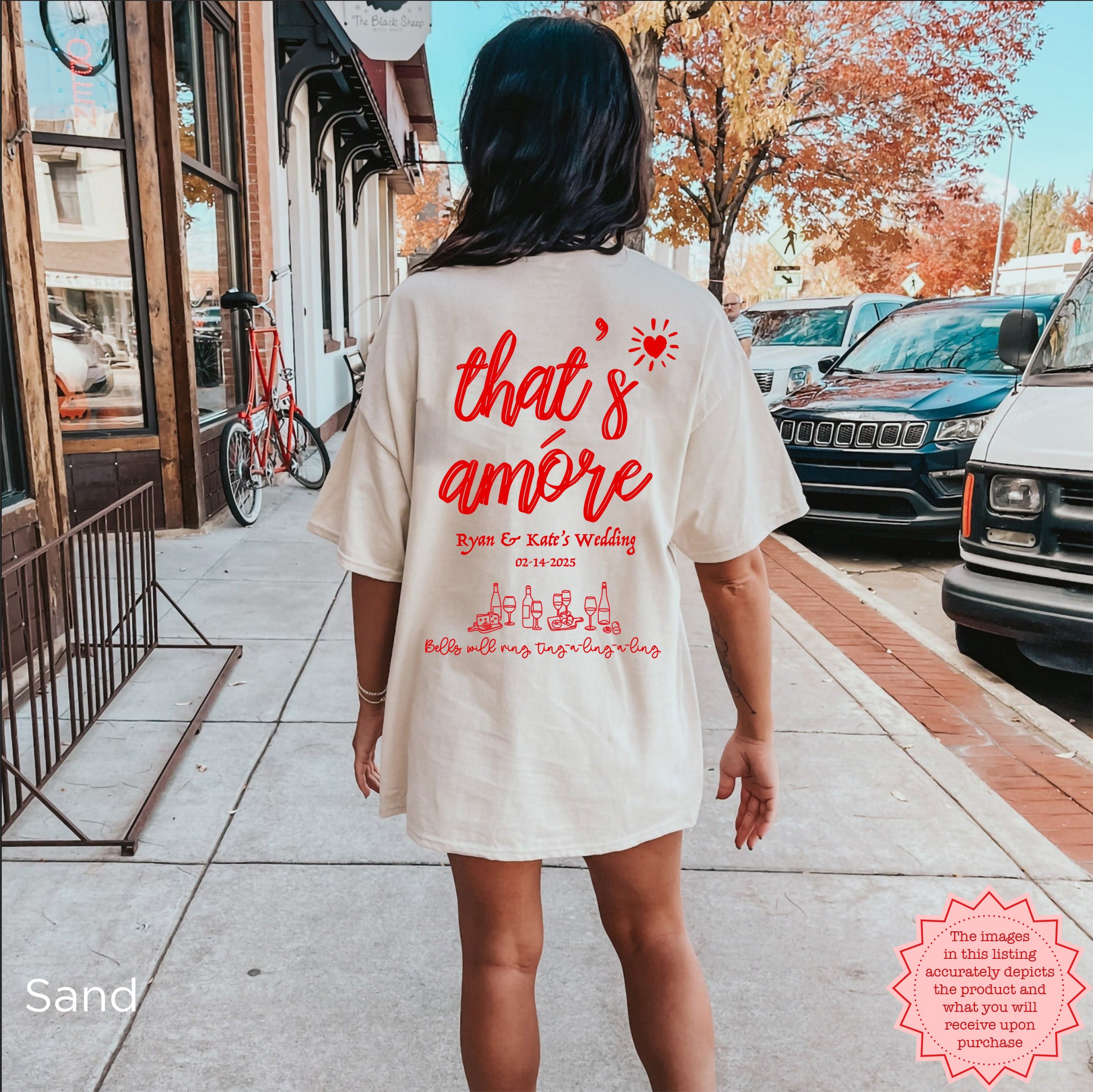 Matching That's Amore bridal party shirts with personalised names and event date, perfect for an Italian-themed hen party or wedding weekend.