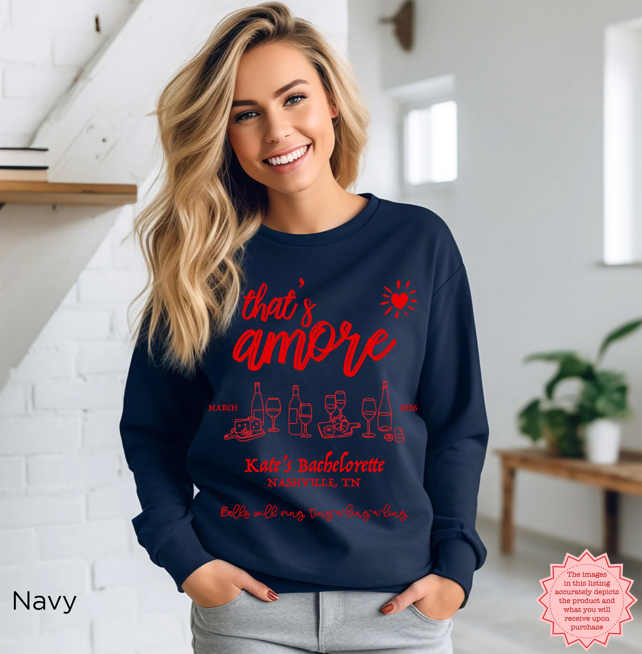 Customizable ‘That’s Amore’ Bachelorette Crewneck in Navy, perfect for bridal party keepsakes.