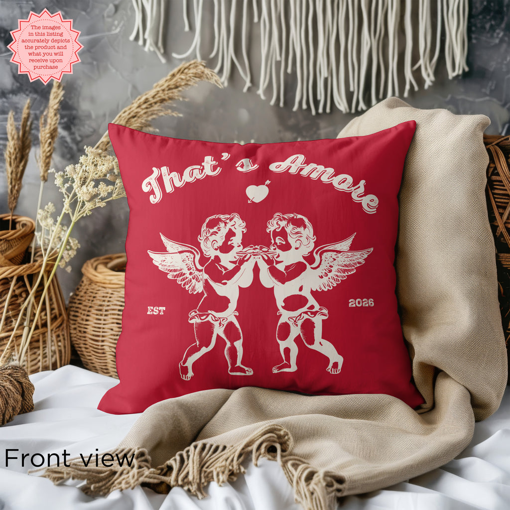 Romantic red 18"x18" pillow with Cupid illustration in white, a premium velveteen and cotton cushion for a cozy home