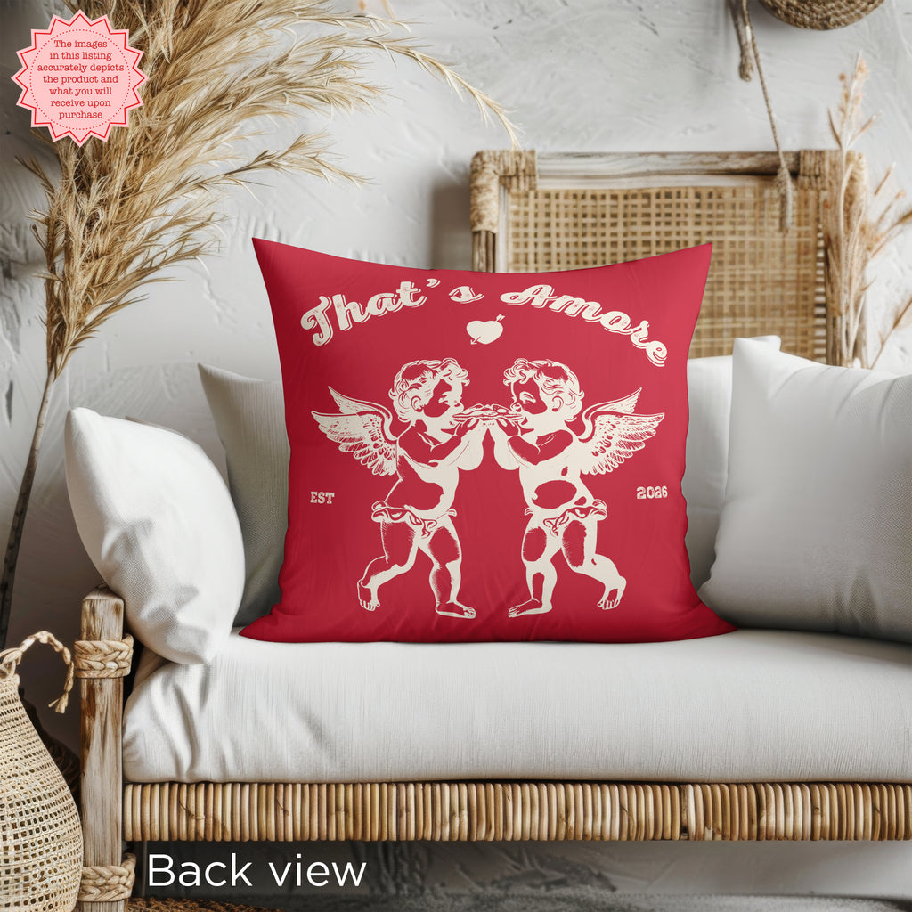 Back view of the That's Amore Cupid Red cushion, perfect for romantic home decor, featuring a love-themed design