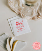 Custom Italian bachelorette party napkin featuring That's Amore design with wine bottles, charcuterie, and personalized event details.