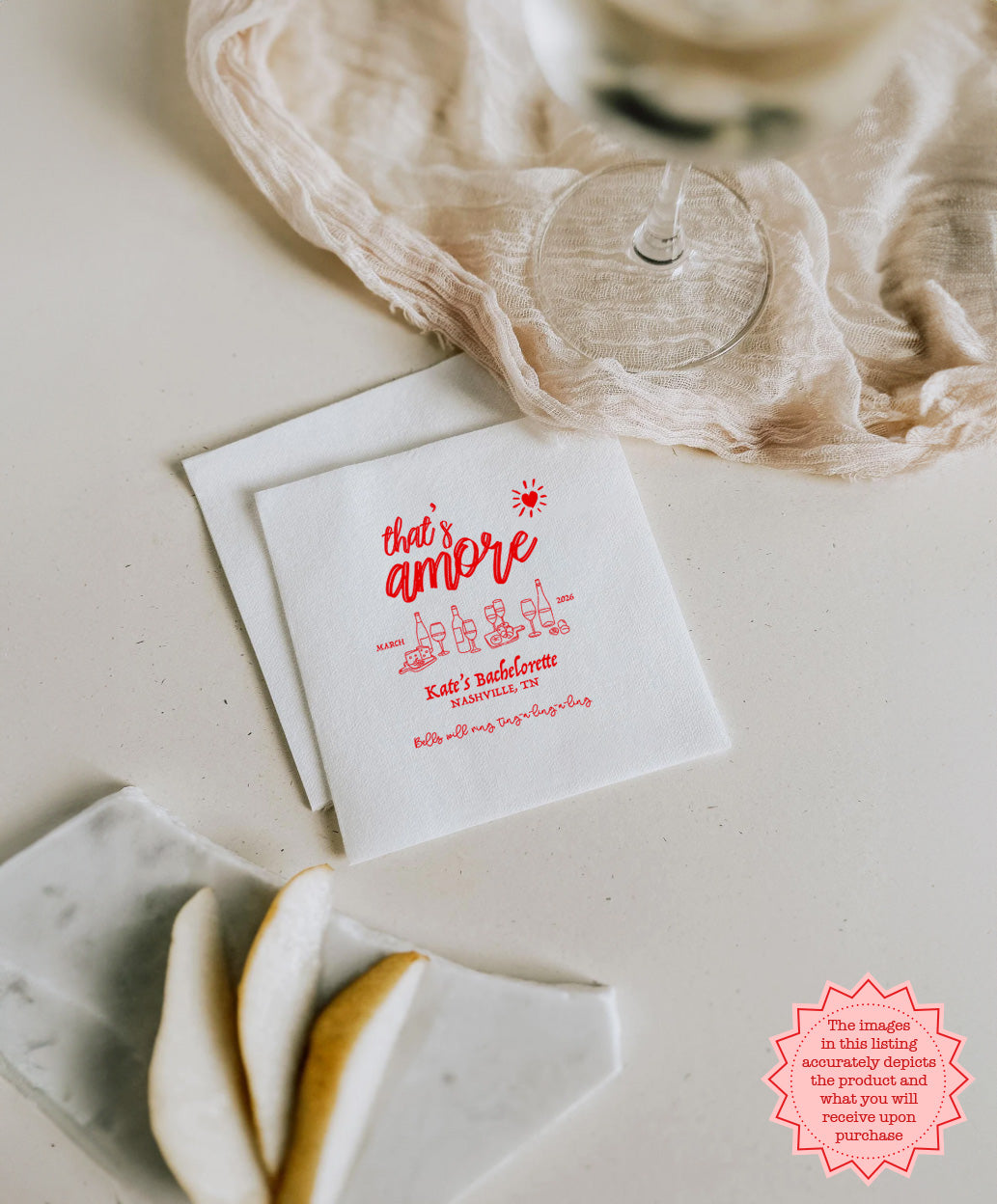 Custom Italian bachelorette party napkin featuring That's Amore design with wine bottles, charcuterie, and personalized event details.