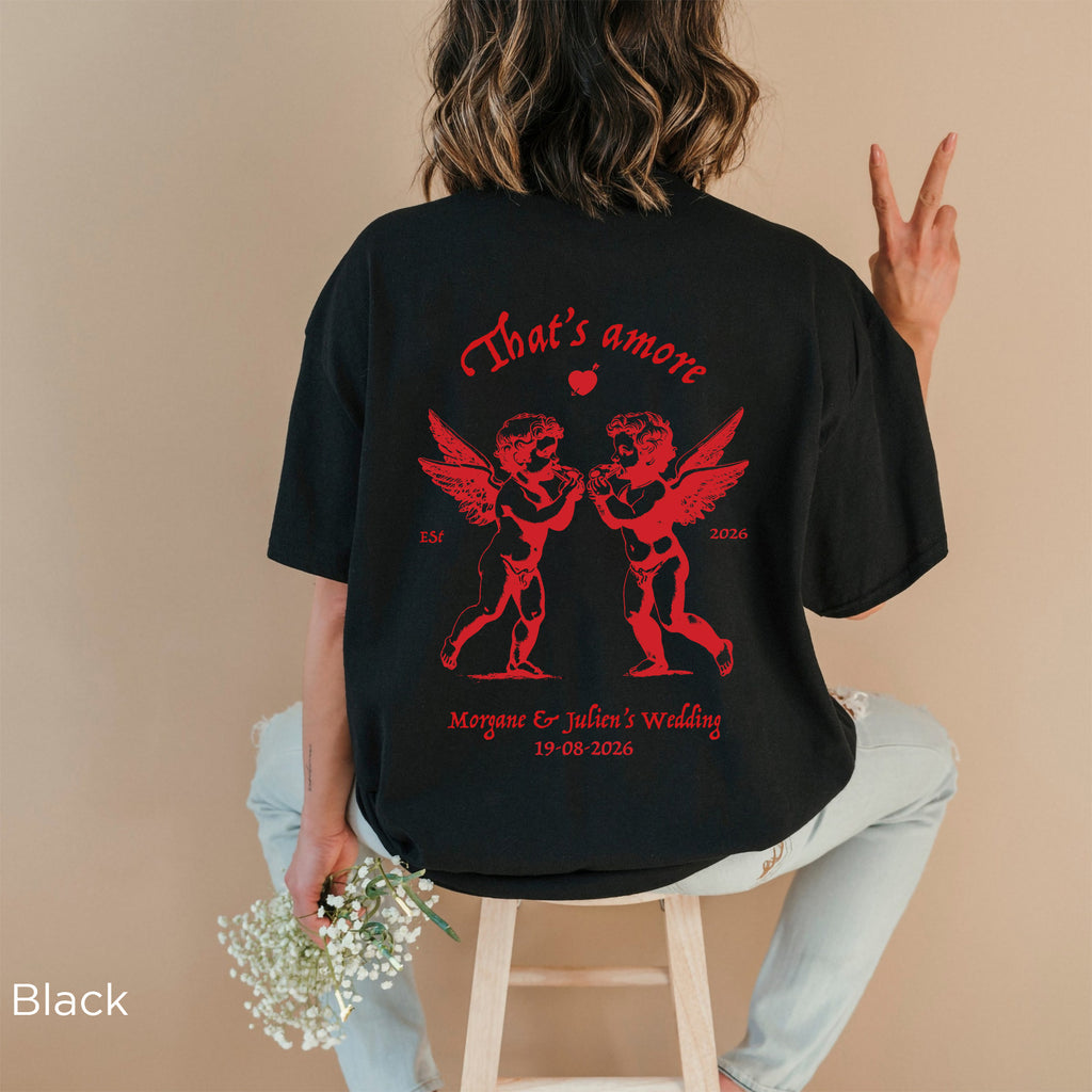 Close-up of the vibrant DTG print on a custom That's Amore Cherubs bridal party shirt featuring crisp details and long-lasting colour.