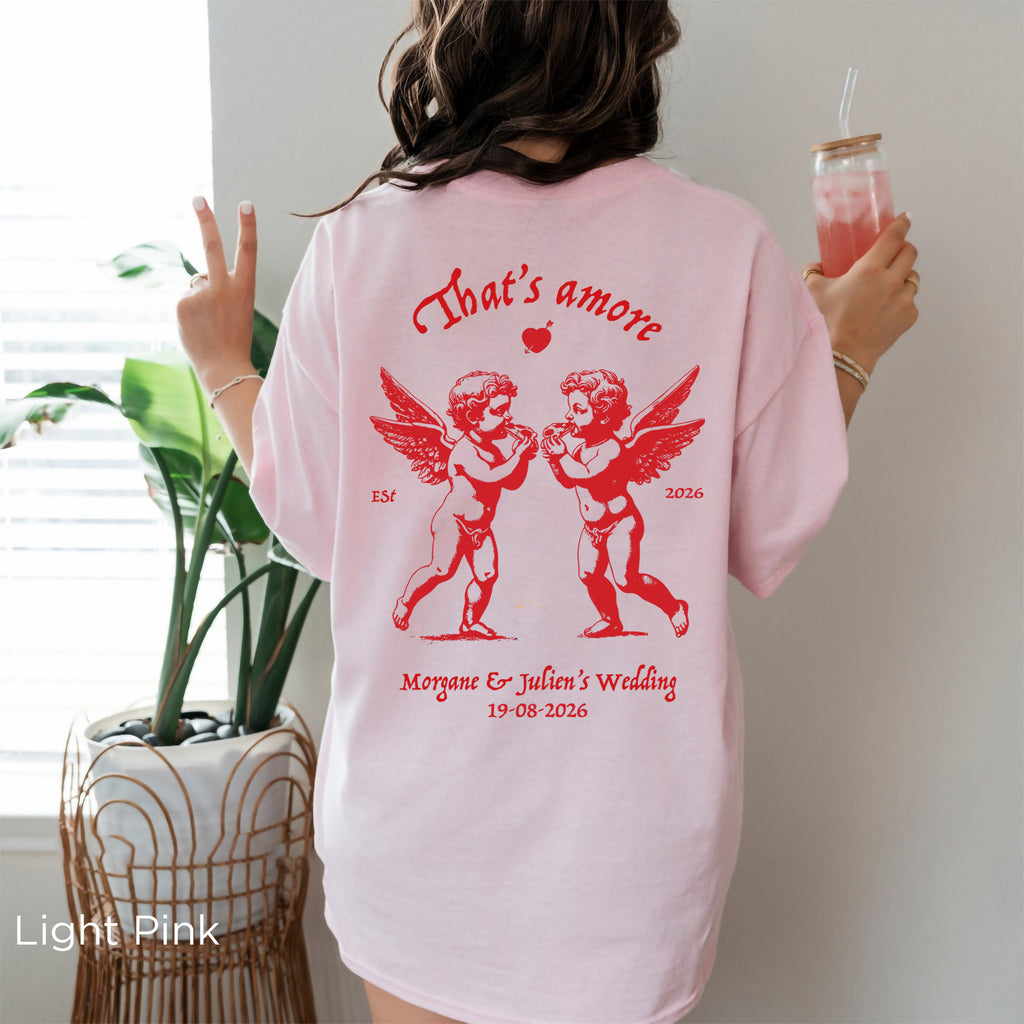 Bride wearing a personalised That's Amore Cherubs wedding tee made from a Gildan 5000 heavy cotton unisex T-shirt.