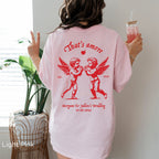 Bride wearing a personalised That's Amore Cherubs wedding tee made from a Gildan 5000 heavy cotton unisex T-shirt.