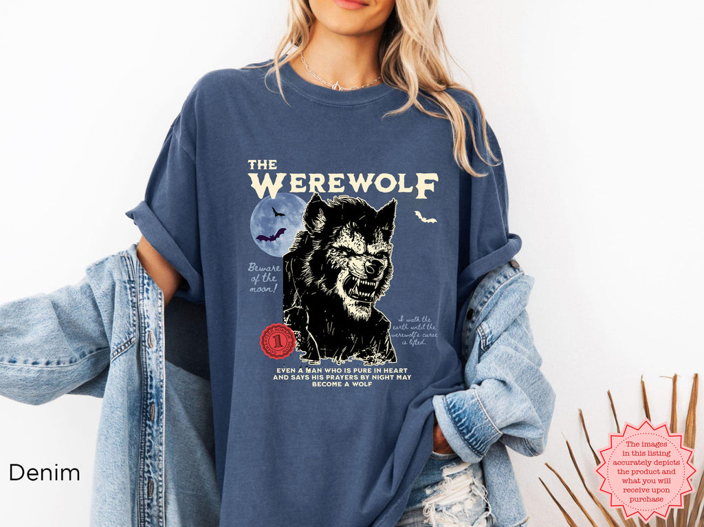 Front view of vintage werewolf Halloween t-shirt with classic monster artwork