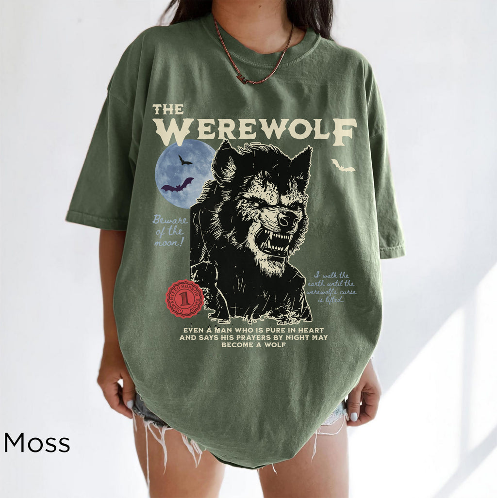 Vintage-inspired werewolf monster t-shirt with classic horror aesthetic