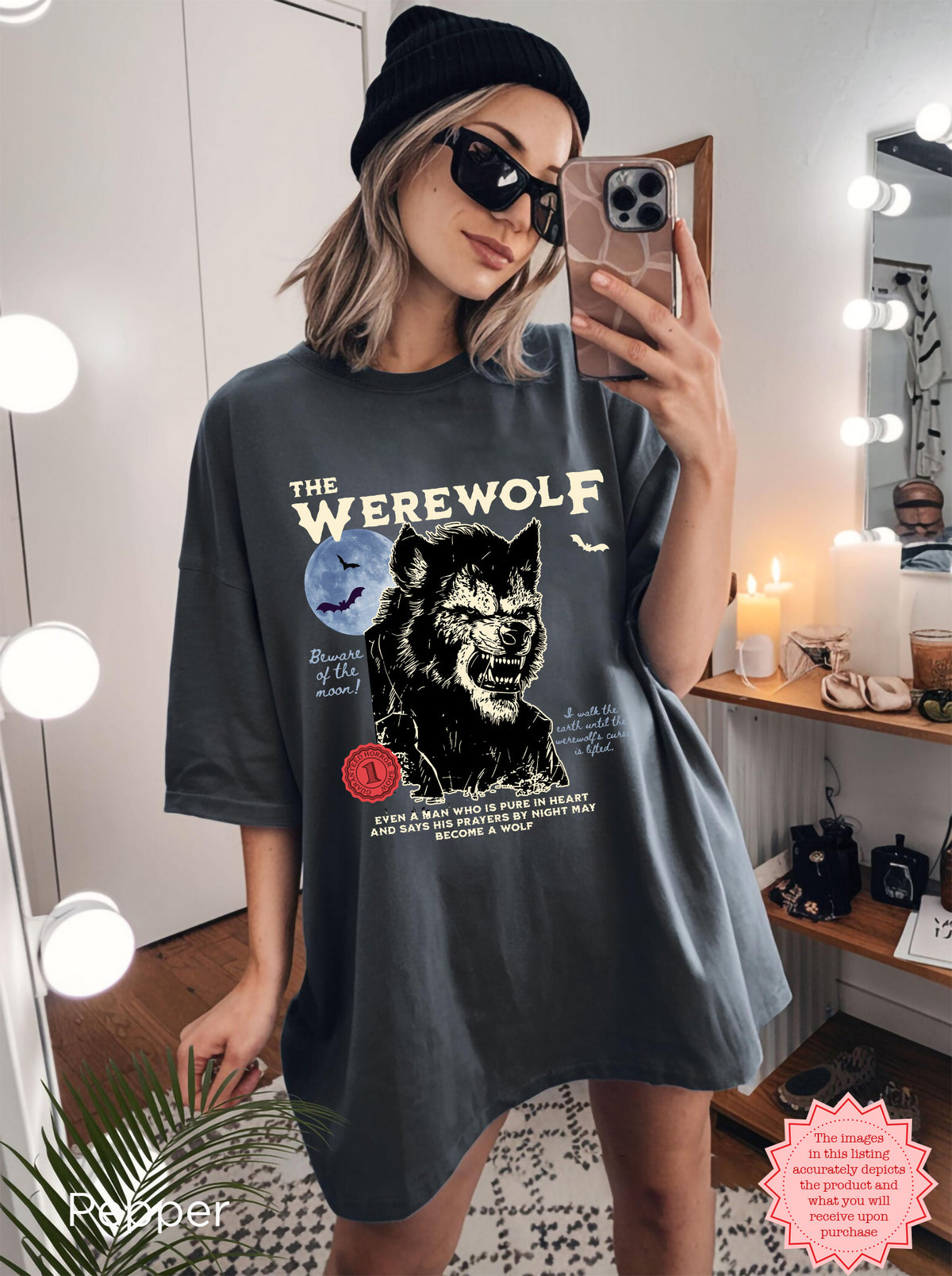 Close-up of detailed werewolf horror graphic printed on a vintage-style t-shirt
