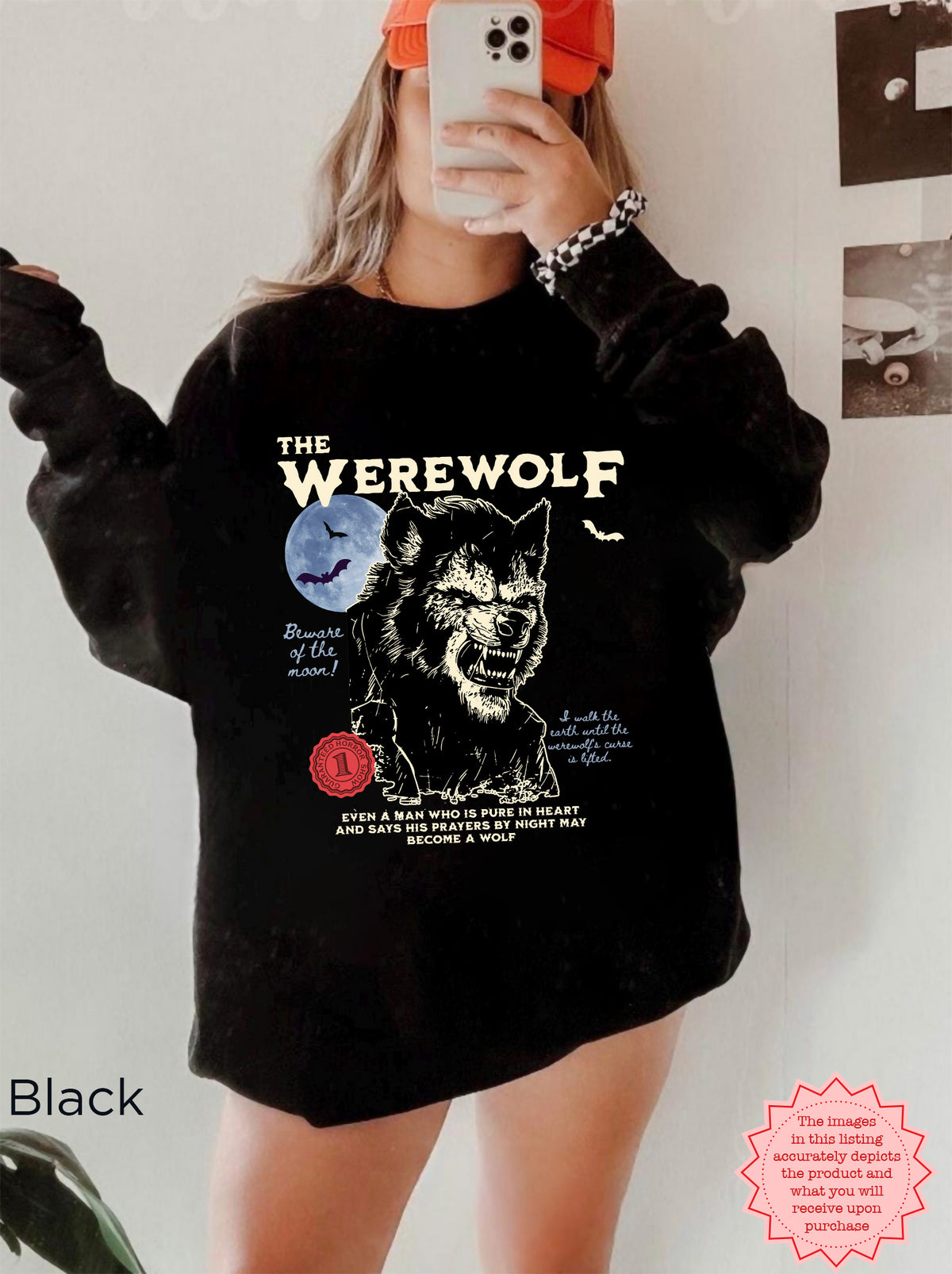 Vintage werewolf horror sweatshirt with retro Halloween monster design