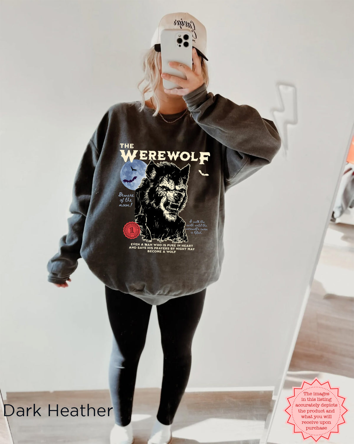 Front view of vintage werewolf Halloween crewneck sweatshirt with classic horror artwork