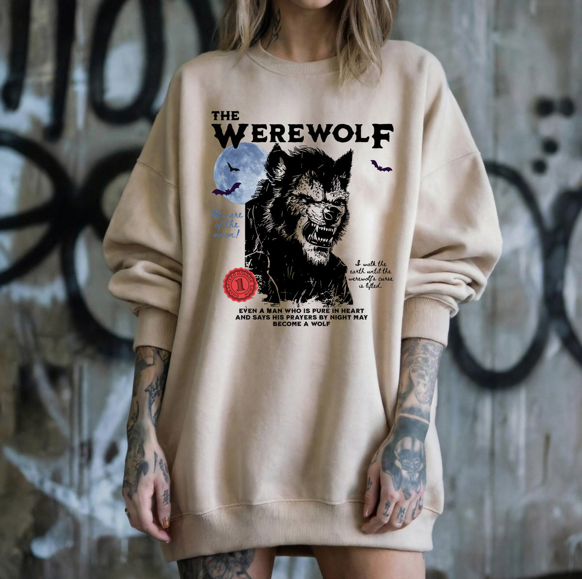 Vintage werewolf Halloween sweatshirt styled for cozy fall and spooky season
