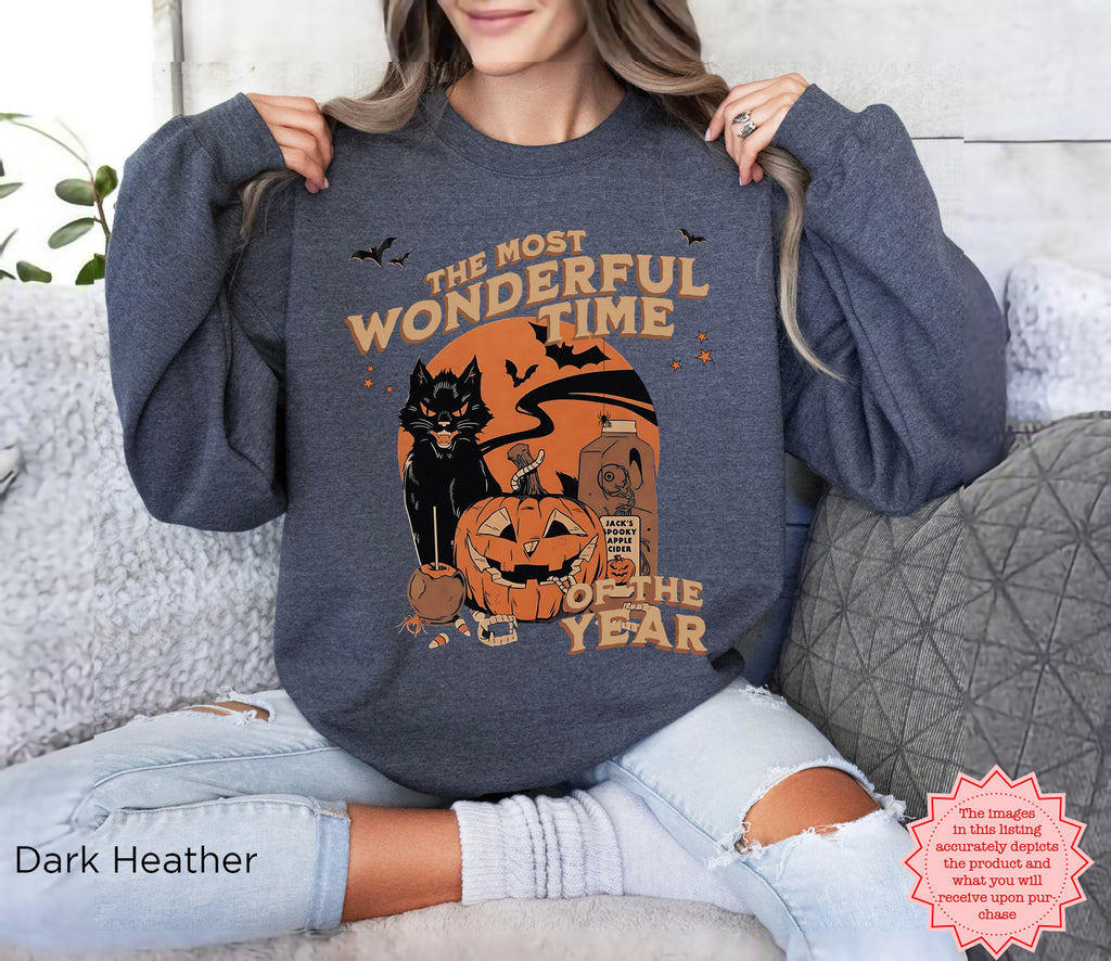Retro black cat sweatshirt featuring vintage-inspired Halloween artwork