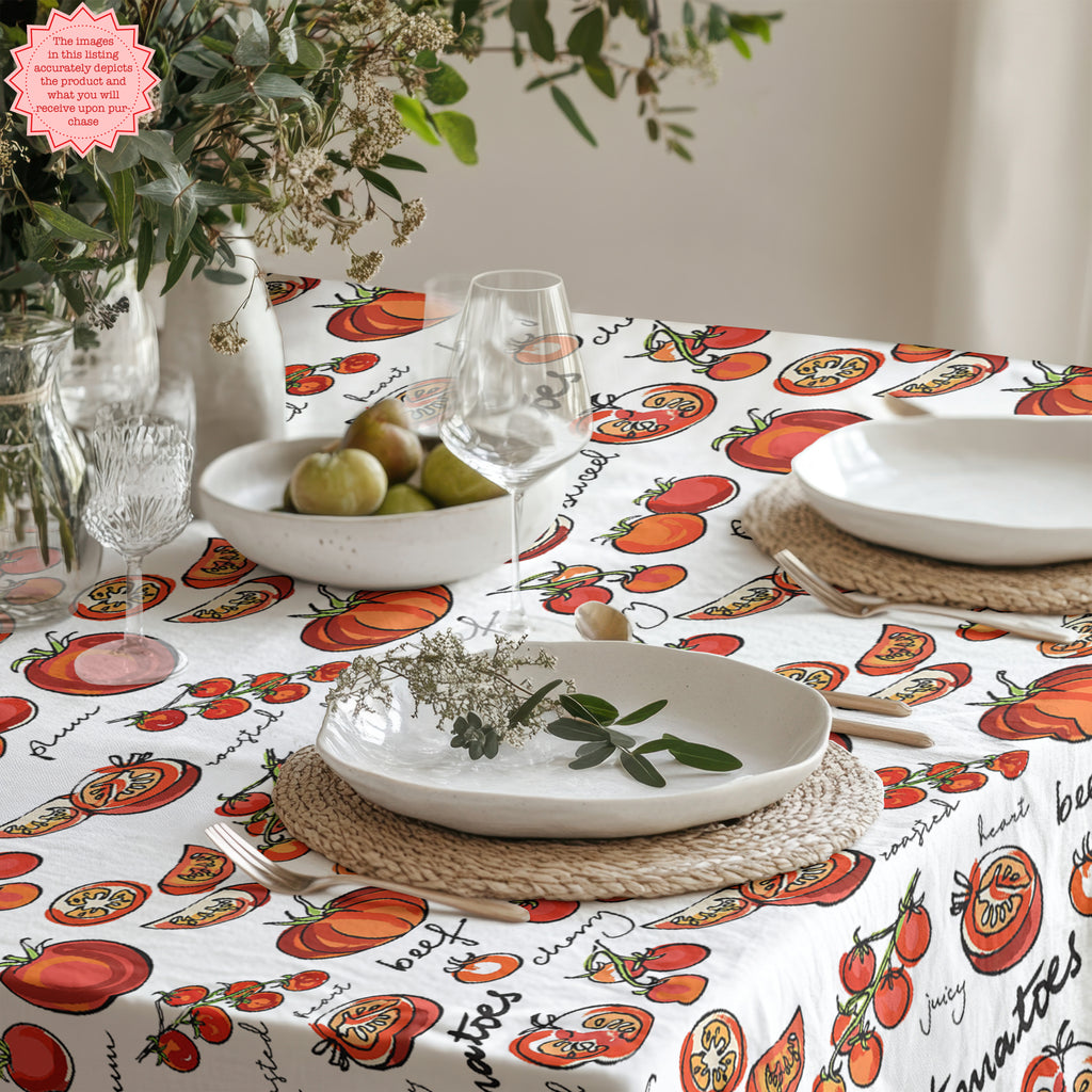 Tomato Girl aesthetic table linen styled in a neutral kitchen interior