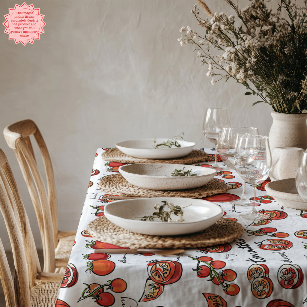 Tomato print cotton tablecloth styled on a modern dining table with ceramic plates and glassware