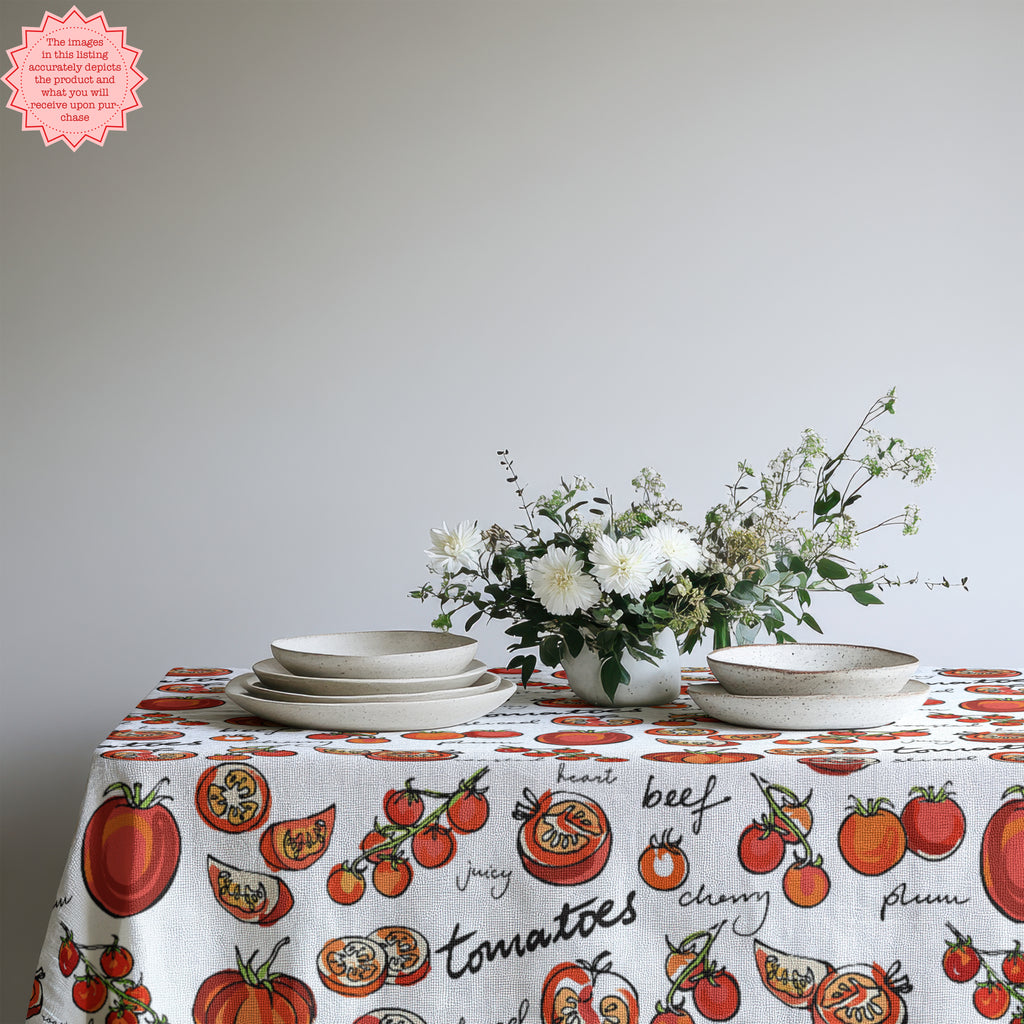 Tomato Girl Tablecloth – Mediterranean Tomato Print Cotton Table Linen for Modern Kitchens & Dining Rooms