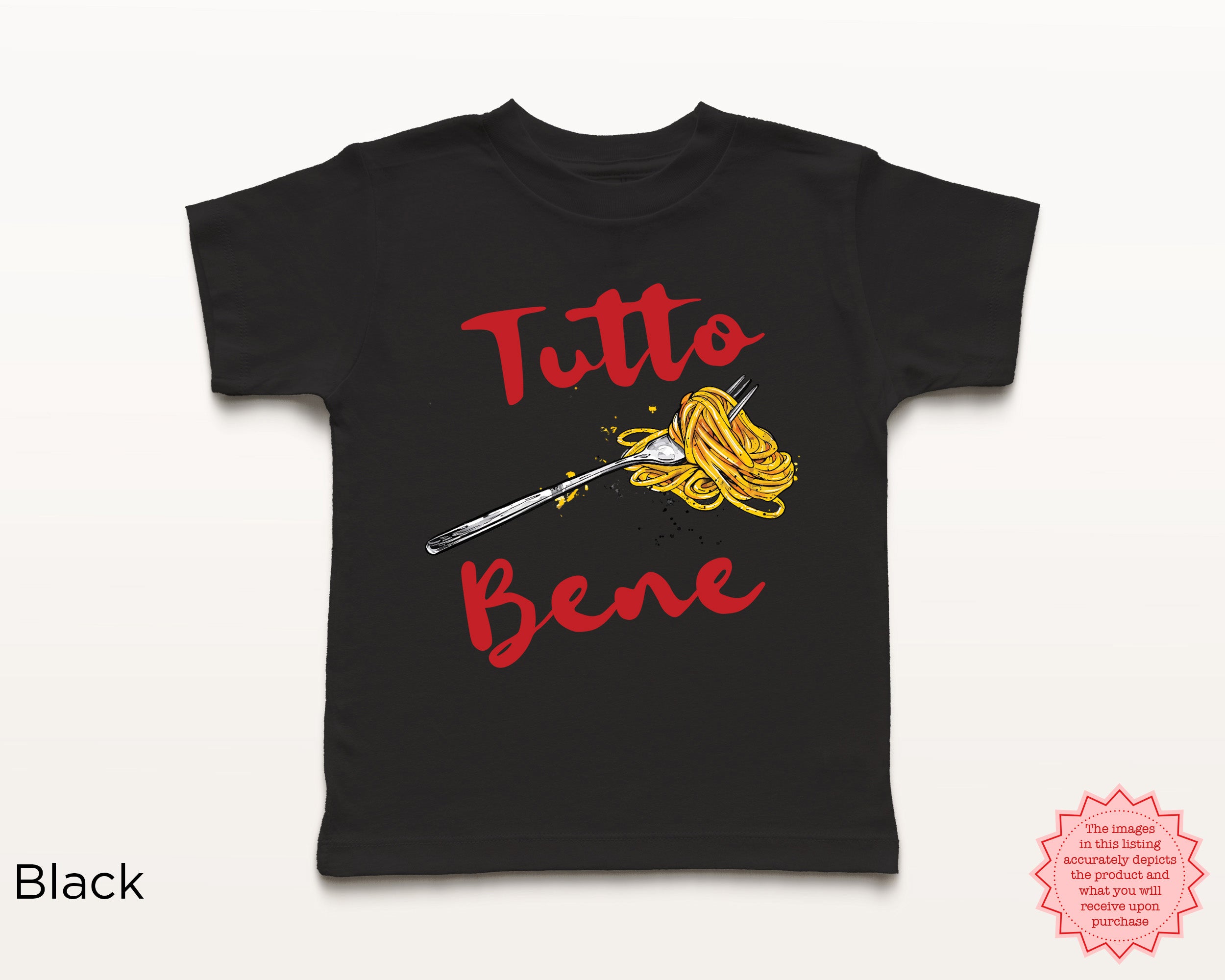 Kids black “Tutto Bene” pasta graphic t-shirt featuring a spaghetti fork illustration with bold red Italian text, cute Italian food themed toddler and youth tee.