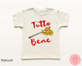 Kids natural beige “Tutto Bene” pasta shirt with spaghetti fork graphic and red Italian lettering, adorable Italian themed toddler and kids t-shirt.
