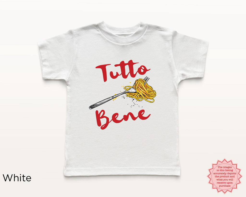 Tutto Bene” Italian pasta shirt featuring spaghetti fork illustration and red lettering, cute toddler and youth foodie graphic on a white t-shirt.