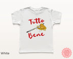 Tutto Bene” Italian pasta shirt featuring spaghetti fork illustration and red lettering, cute toddler and youth foodie graphic on a white t-shirt.