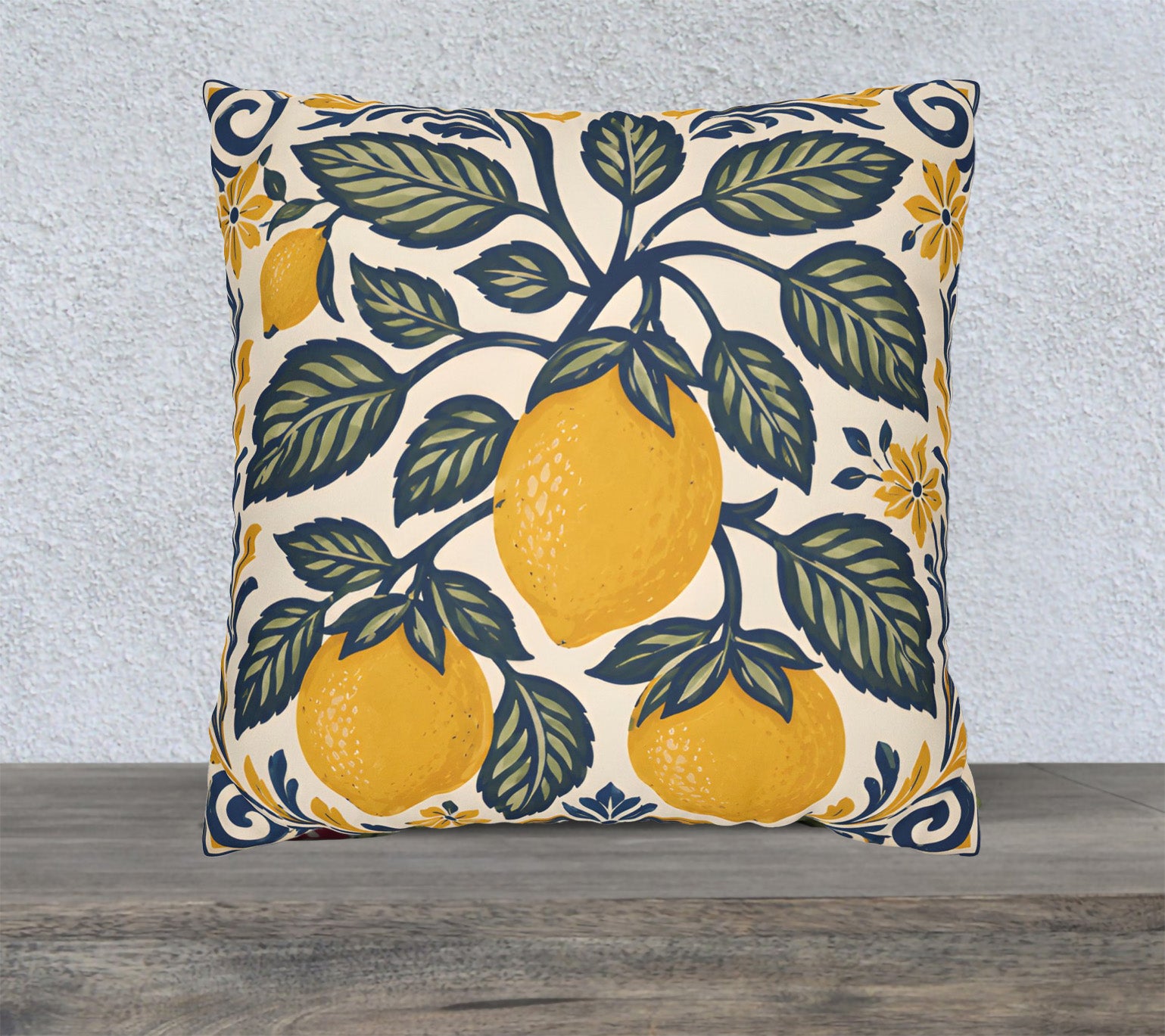 Vintage lemons Mediterranean faux suede cushion featuring blue botanical block print artwork styled as a decorative square throw pillow.
