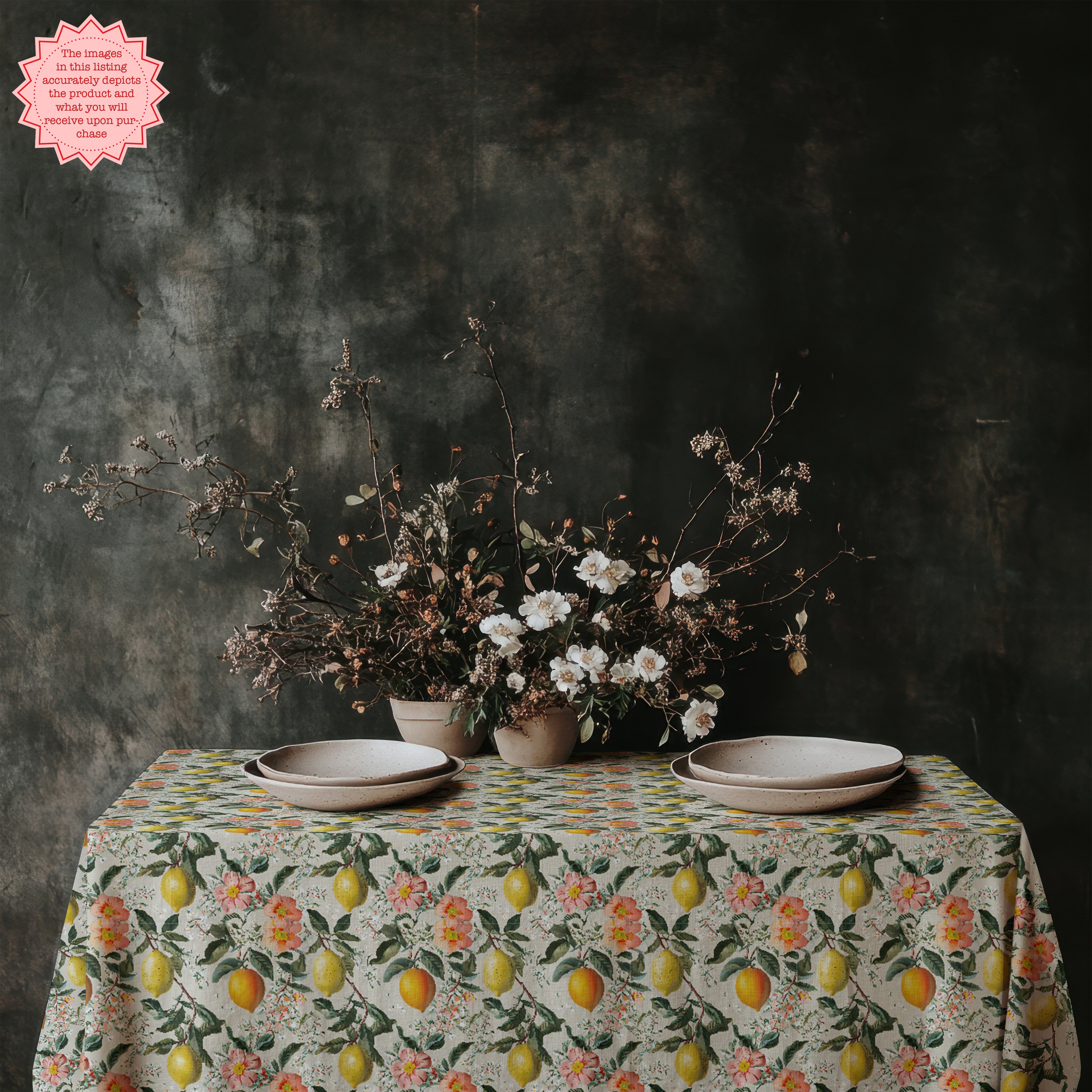 Vintage Amalfi Lemon Tablecloth – 100% Cotton Twill Italian Summer Floral Table Linen