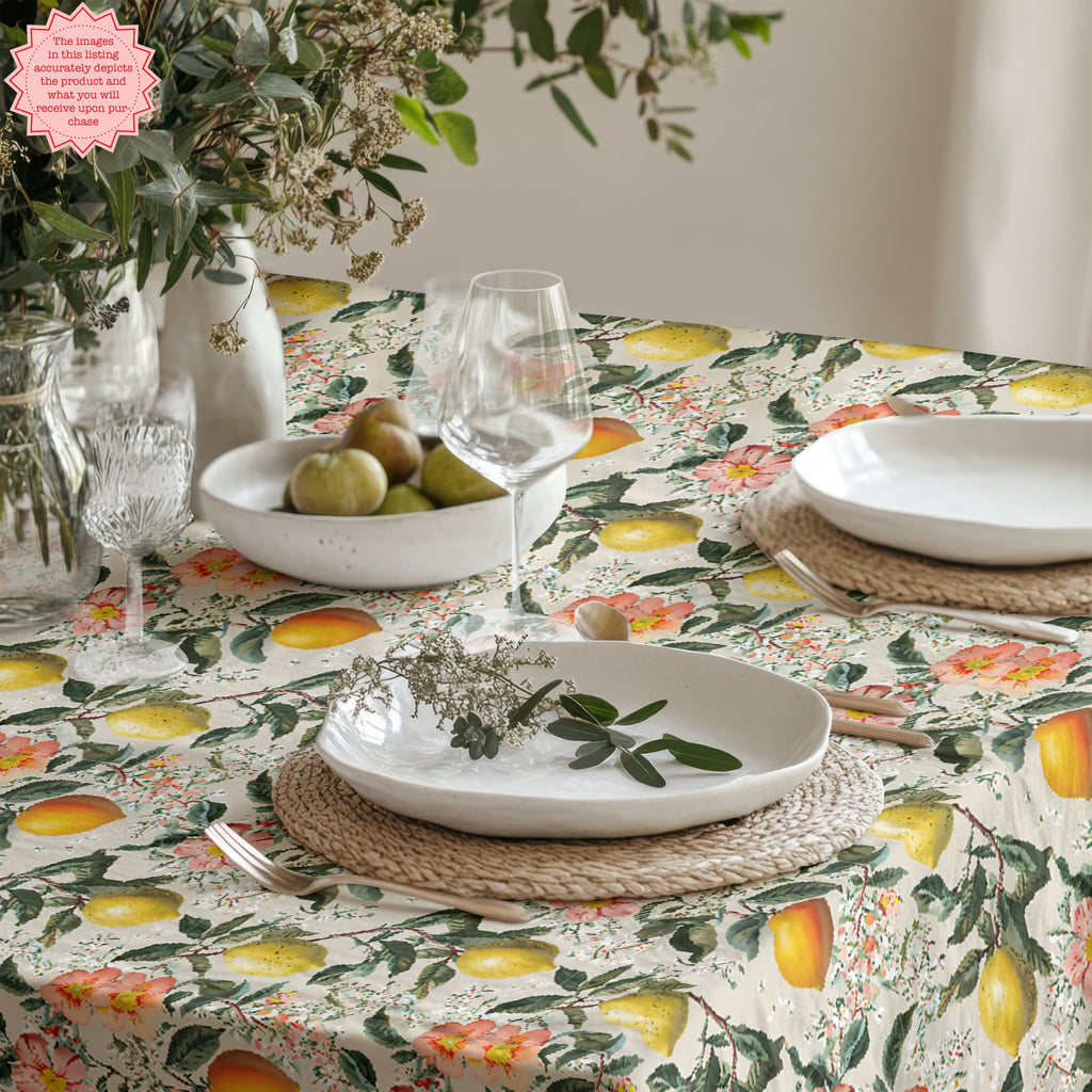 Vintage Amalfi Lemon Tablecloth – 100% Cotton Twill Italian Summer Floral Table Linen