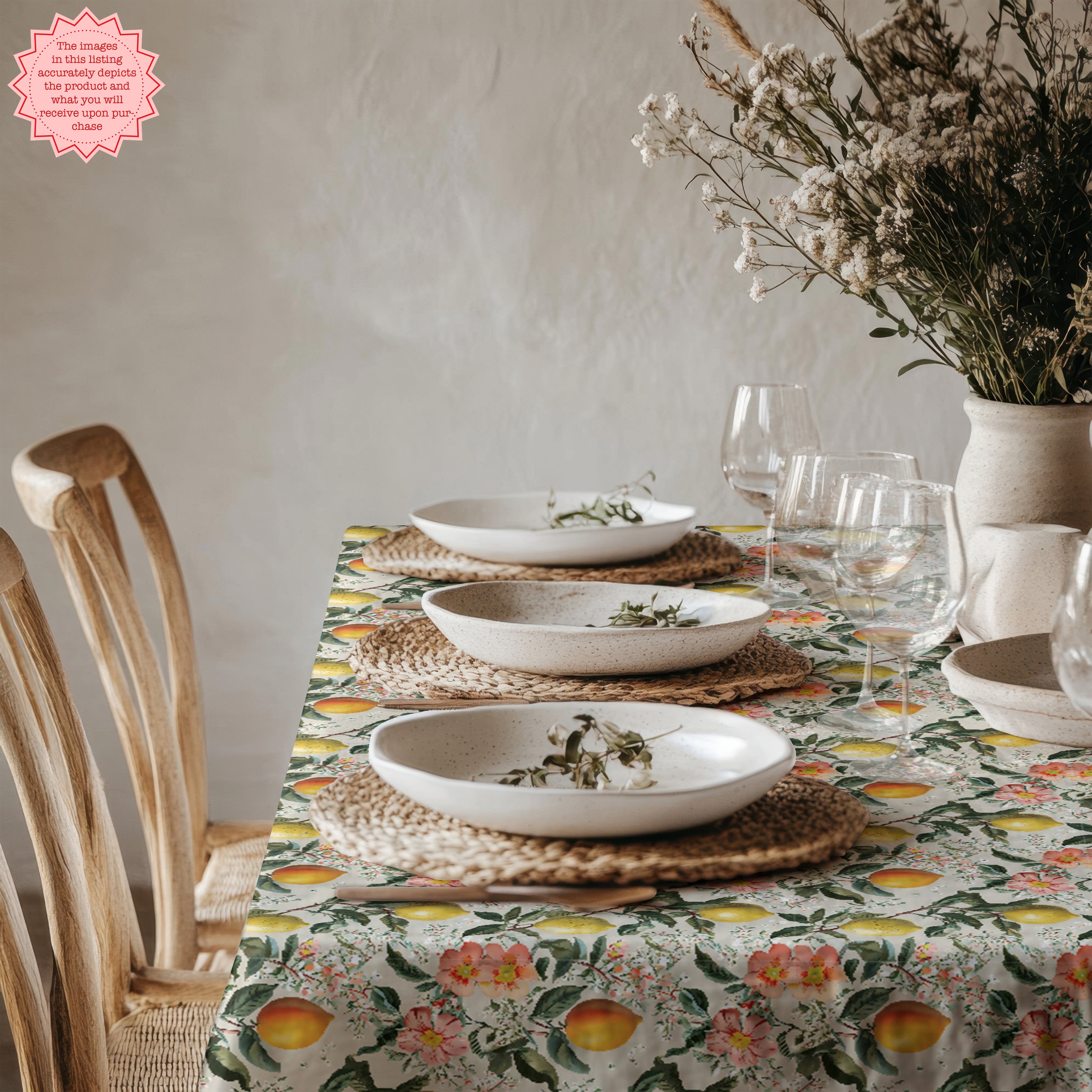 Vintage Amalfi Lemon Tablecloth – 100% Cotton Twill Italian Summer Floral Table Linen