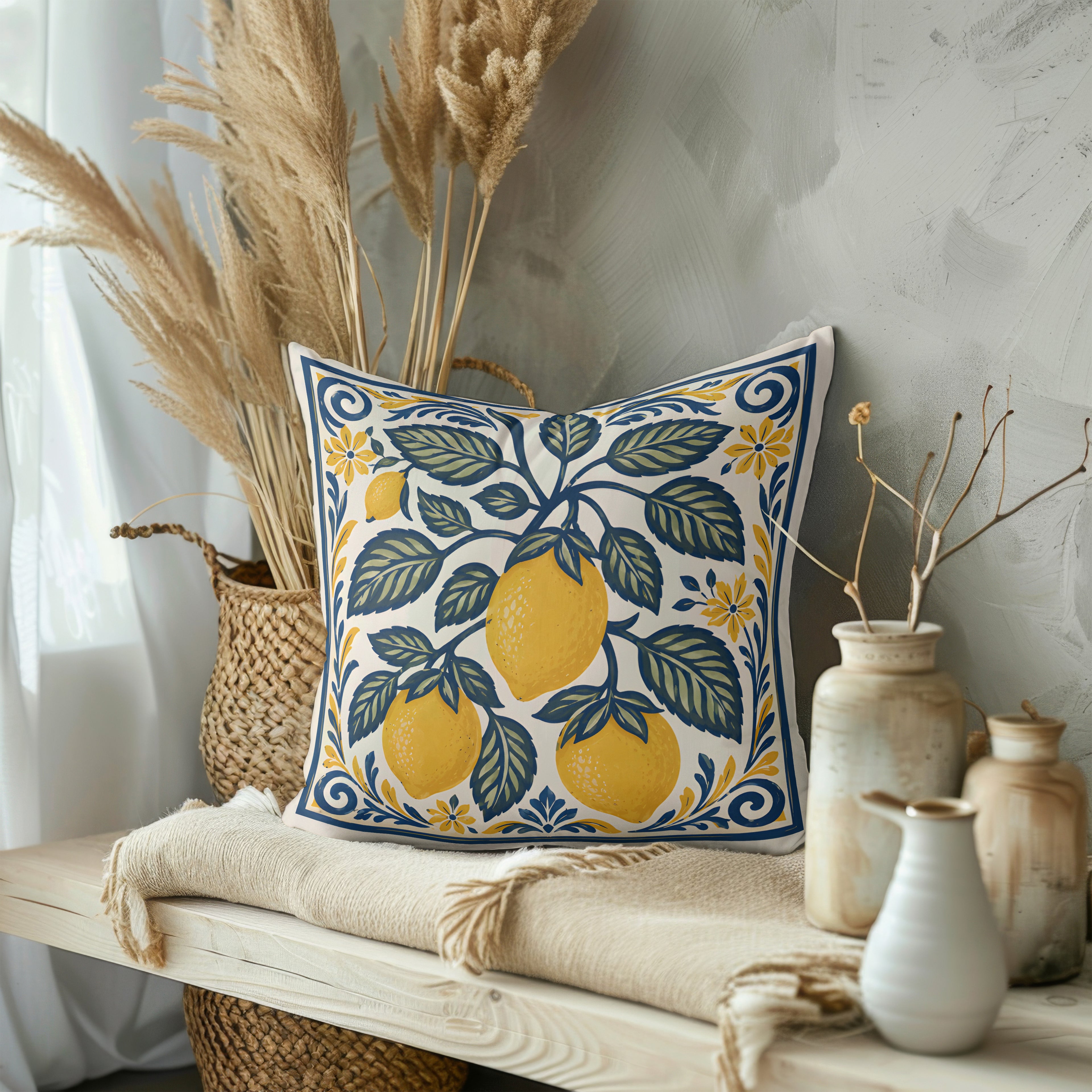 Close-up of faux suede lemon throw pillow showing detailed botanical artwork and soft premium texture.