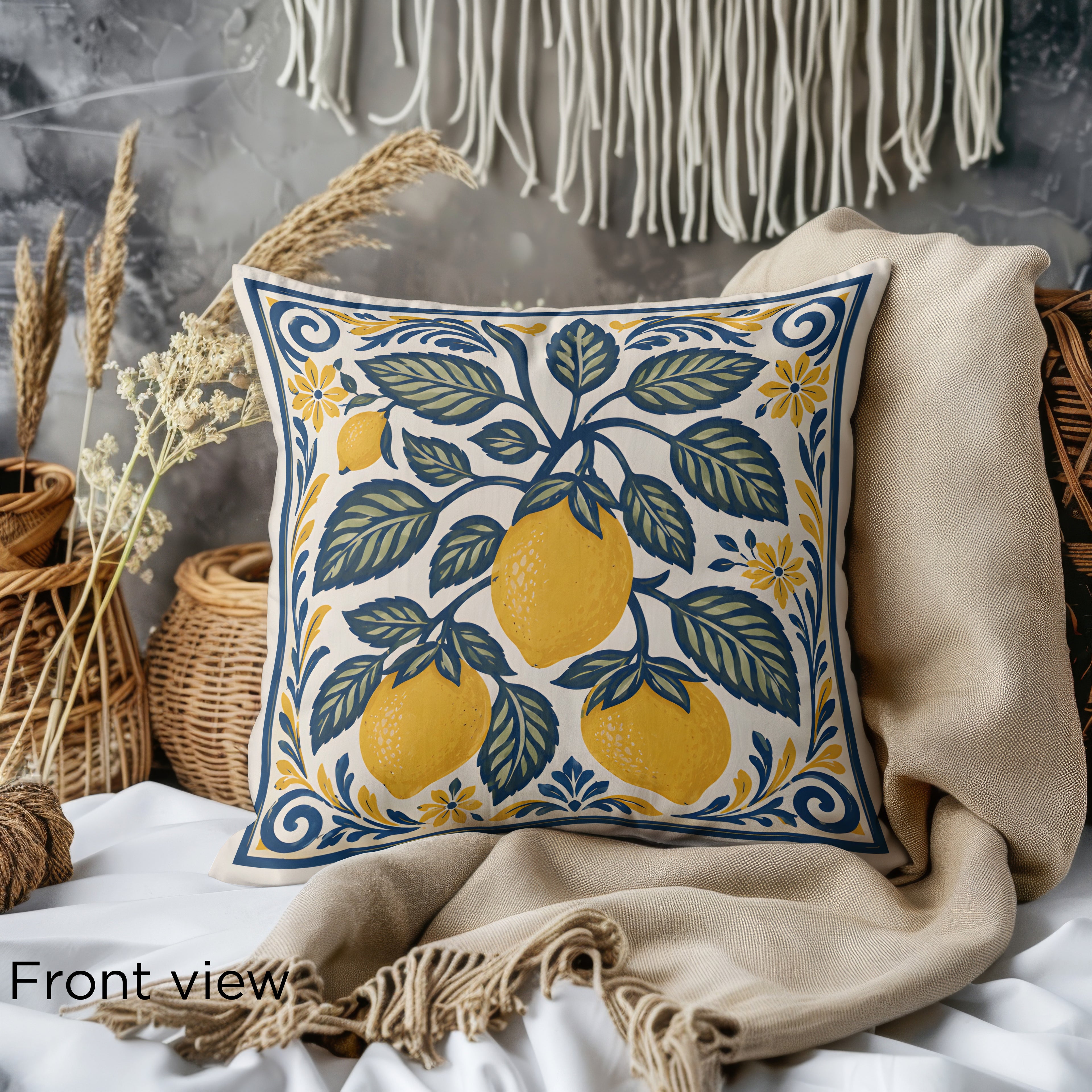 Blue and yellow Mediterranean cushion featuring vintage citrus illustration and decorative floral framing.