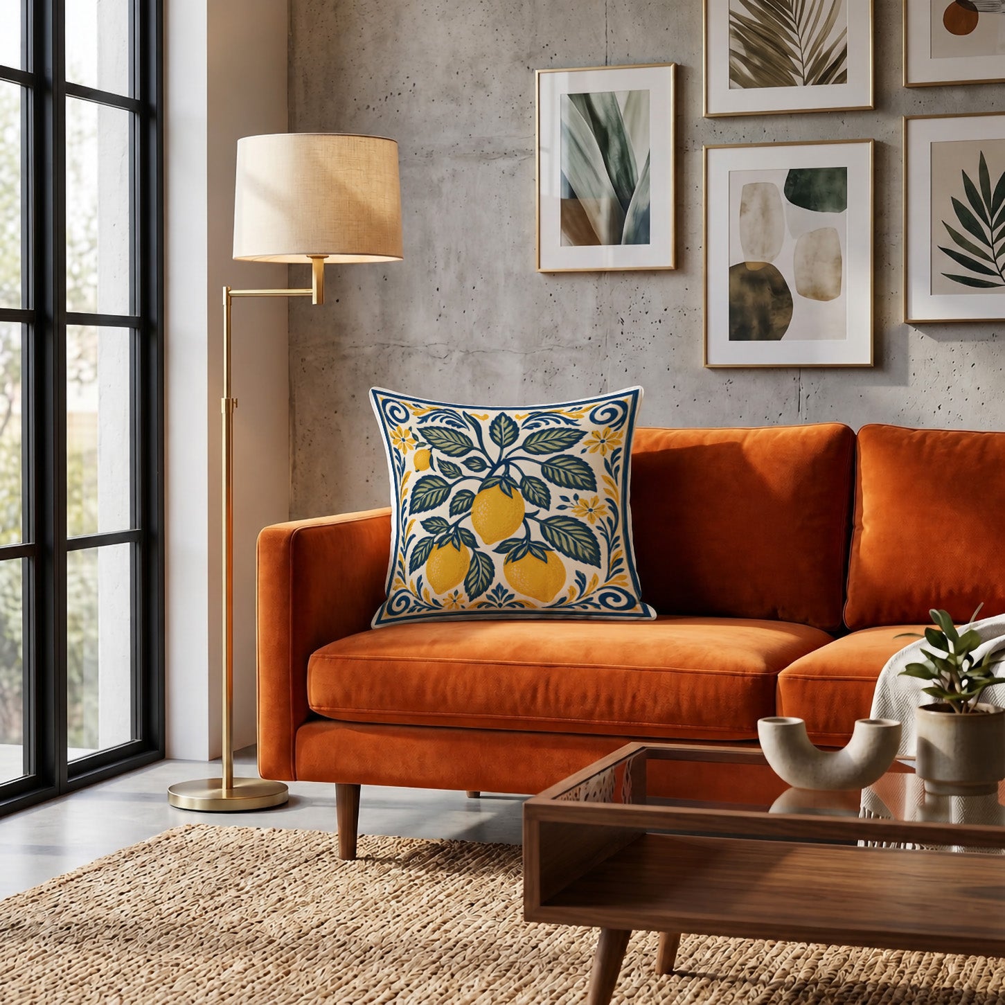 Mediterranean lemon decorative cushion with hand illustrated citrus design and artisan inspired blue border details.