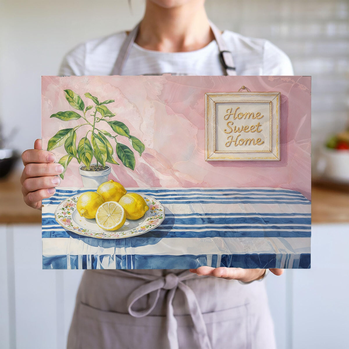 Decorative tempered glass cutting board with watercolor lemon art and a soft pink and blue kitchen-inspired design.