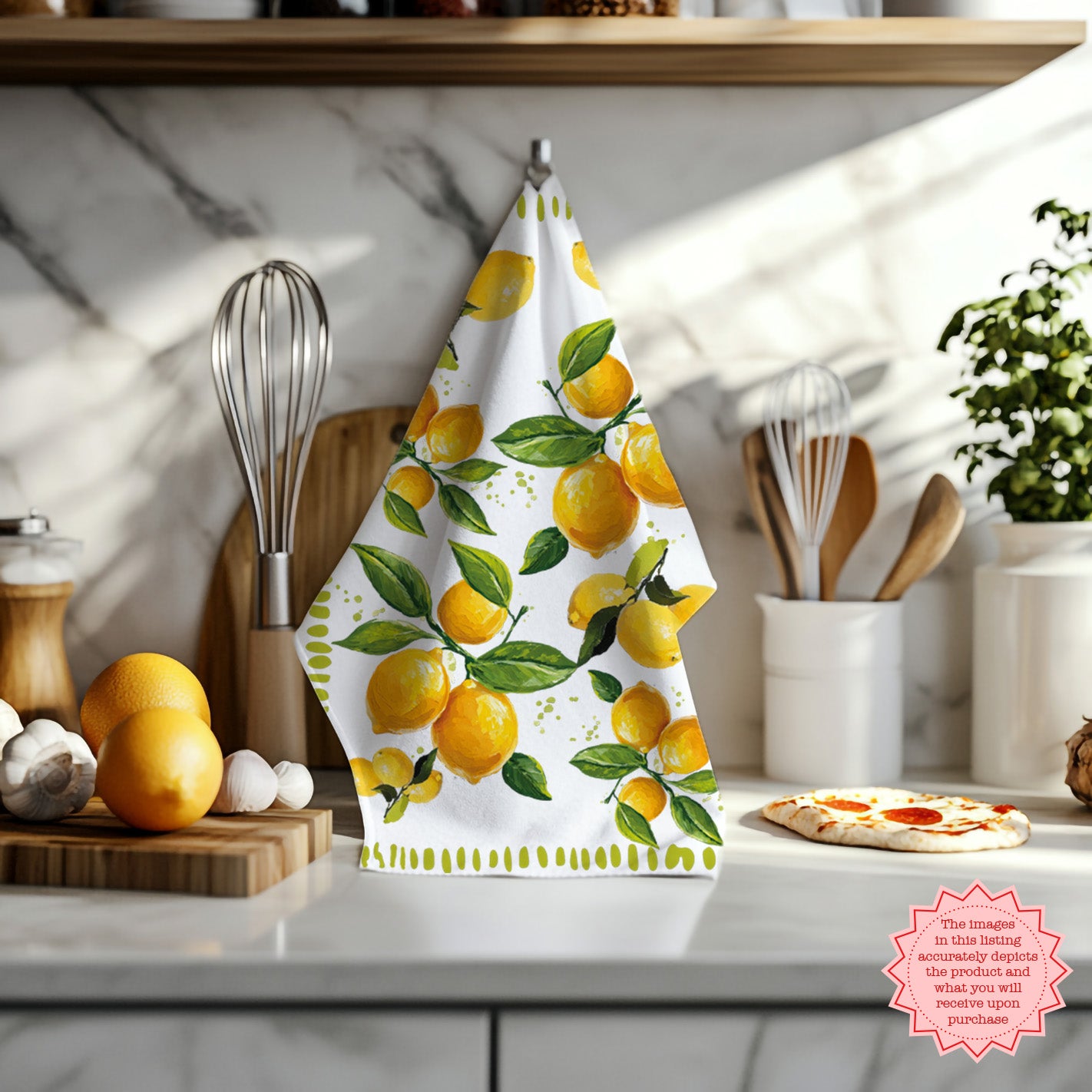 Mediterranean style lemon kitchen towel in natural light
