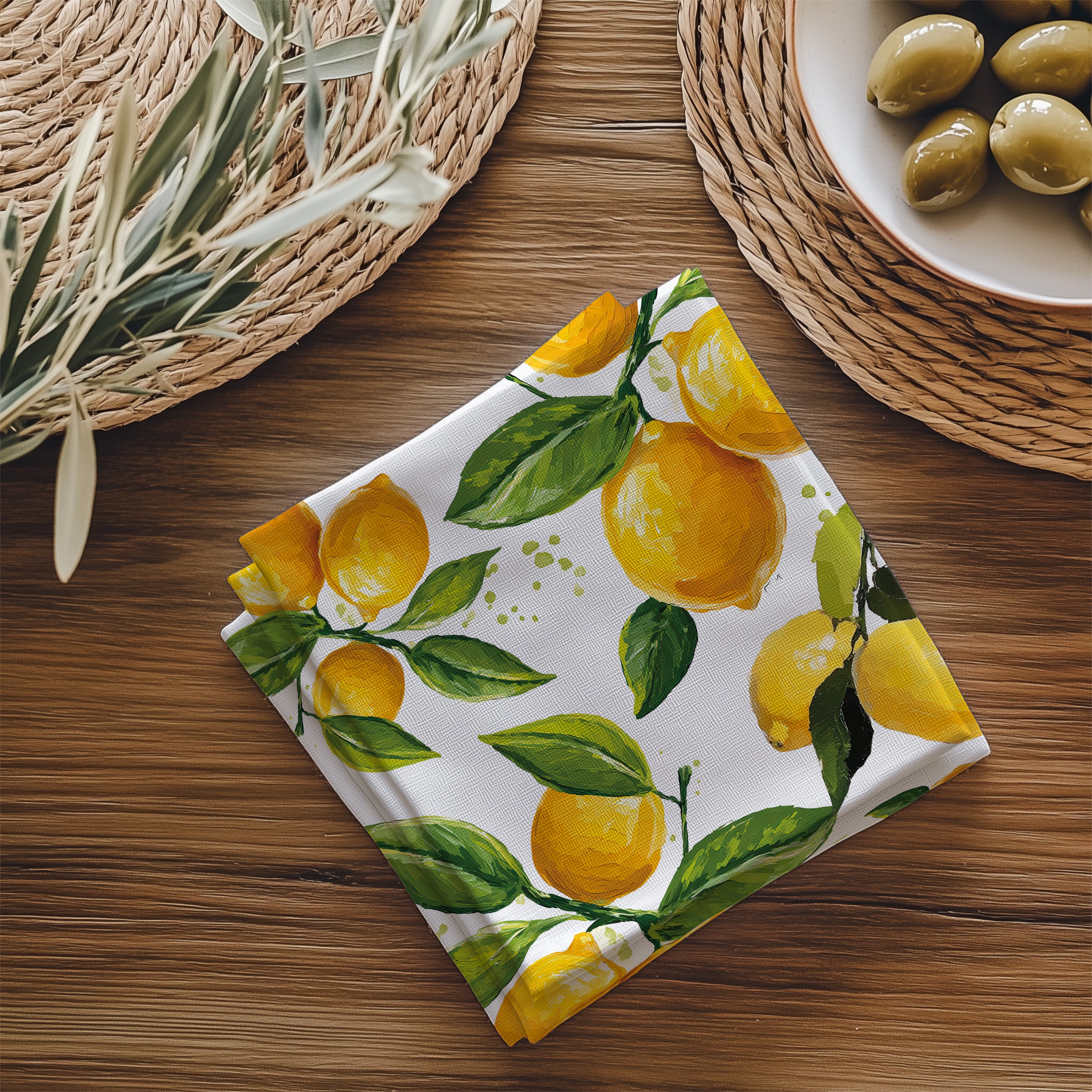 Close-up of watercolor lemon print cotton napkin showing detailed artwork and premium twill fabric texture