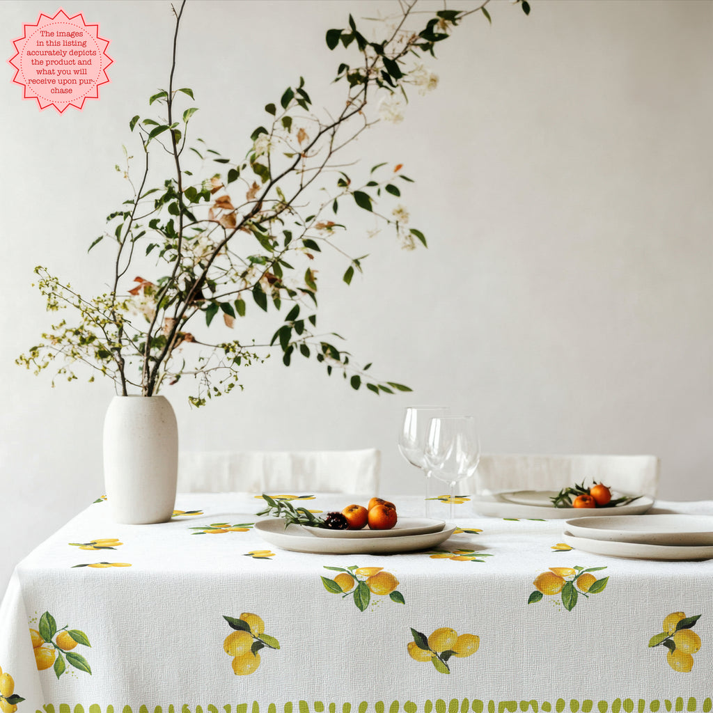 Watercolor Lemon Tablecloth – 100% Cotton Twill, Italian Summer Table Linen, Mediterranean Kitchen Decor