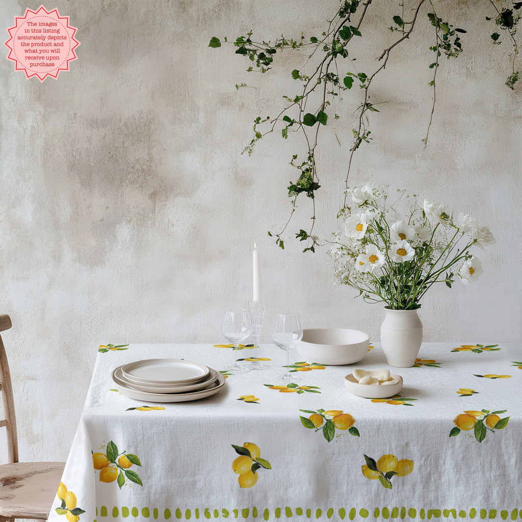 Watercolor Lemon Tablecloth – 100% Cotton Twill, Italian Summer Table Linen, Mediterranean Kitchen Decor