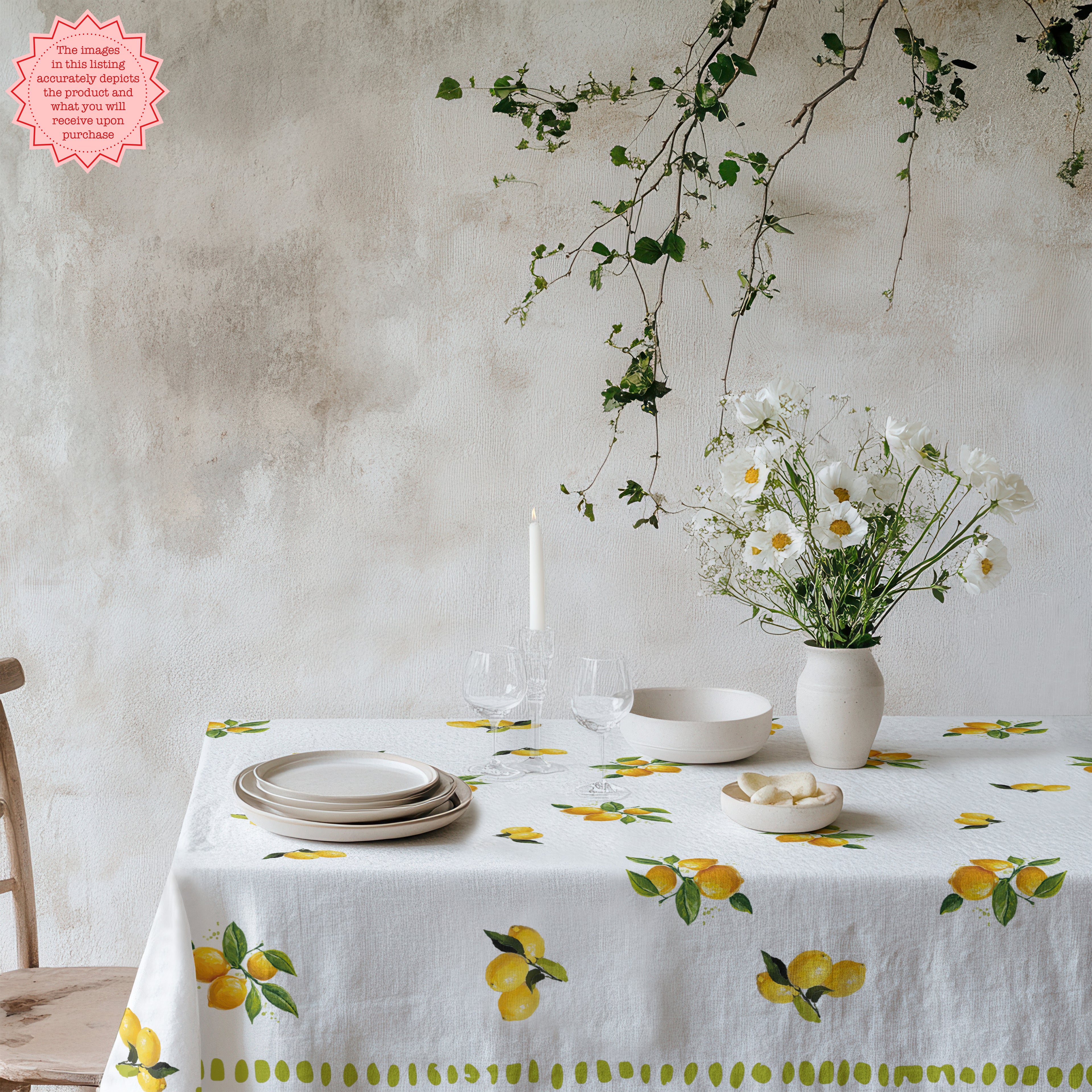 Watercolor Lemon Tablecloth – 100% Cotton Twill, Italian Summer Table Linen, Mediterranean Kitchen Decor